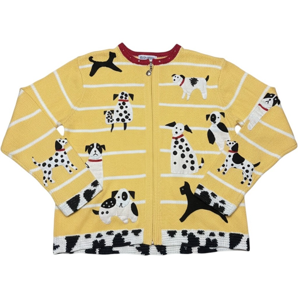Susan Bristol Vintage Dog Dalmatian Zip Up Cardigan Sweater Yellow Striped Small